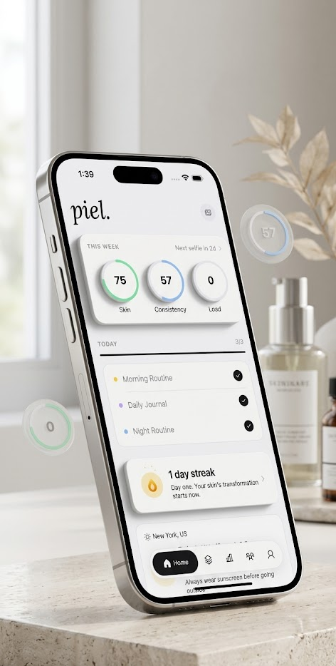 piel app on iPhone showing the home dashboard with weekly skin, consistency, and load scores