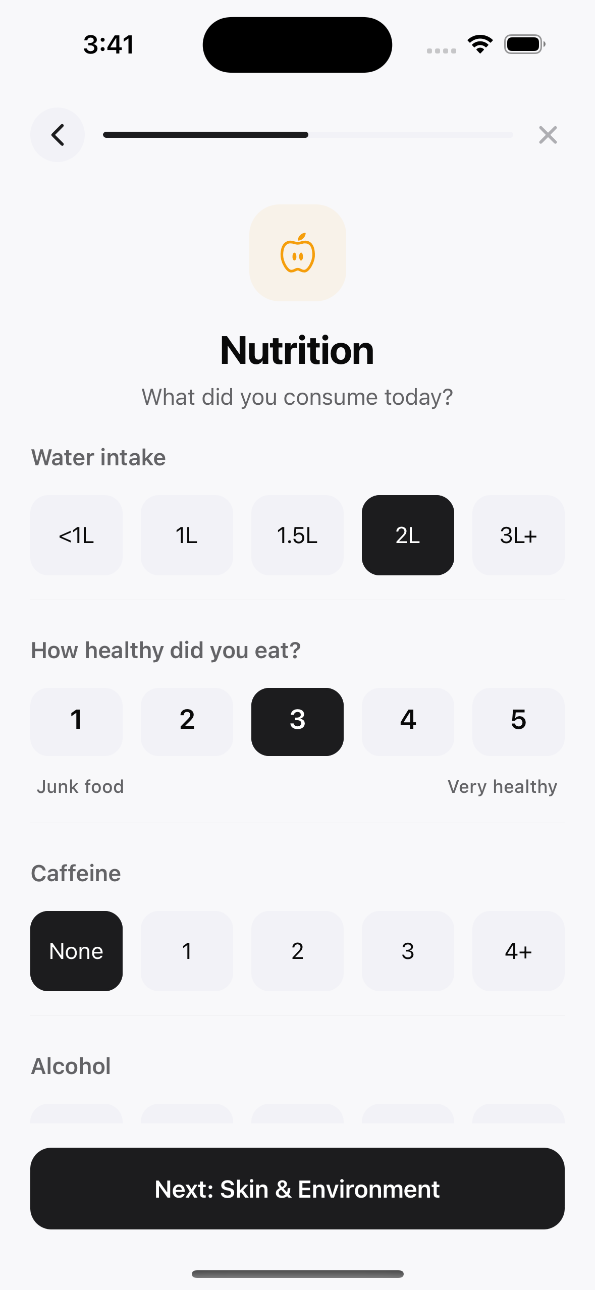 piel daily journal nutrition step with water intake, diet quality and caffeine selectors